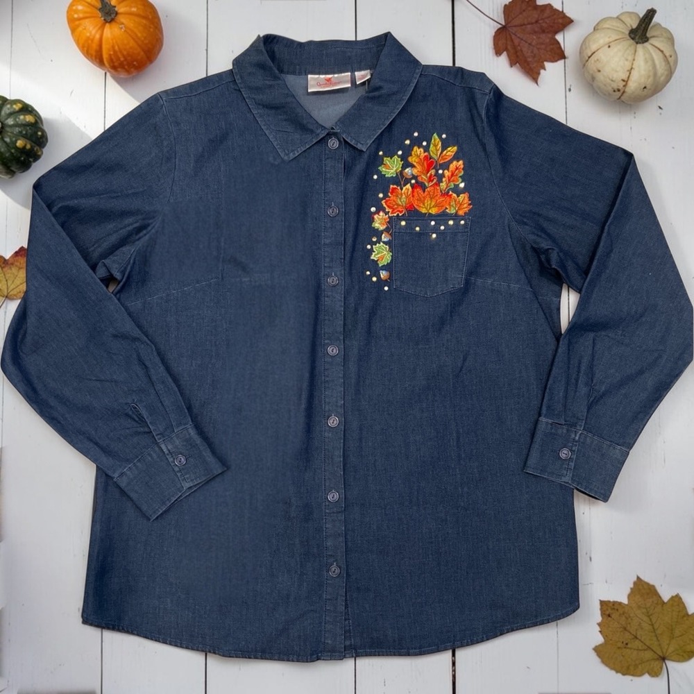 Quacker Factory NWT Autumn Leaves Bedazzled Blouse M Cozy Fall Harvest Festival